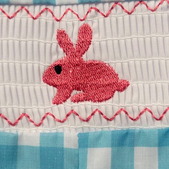 Pink Bunny Smock Turquoise Gingham Romper 3-6 Months - Picture 2 of 6